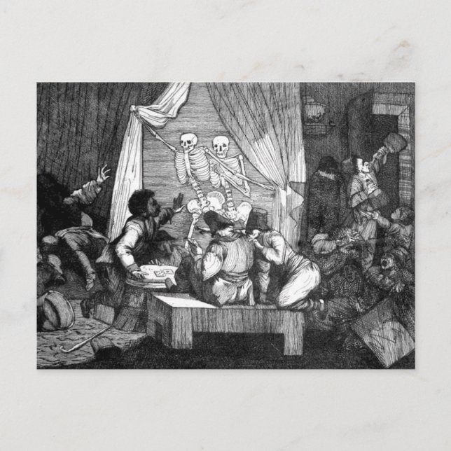 Två Skeletoner skriver in ett vykort i pub (Framsida)