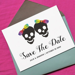 Två skelettbrudar, konfetti lesbisk Save the Date Meddelande Vykort