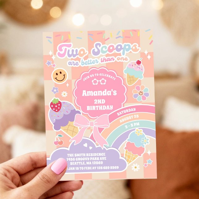 Två skopor Glass Groovy Daisy 2-års födelsedag Inbjudningar (Skapare uppladdad)