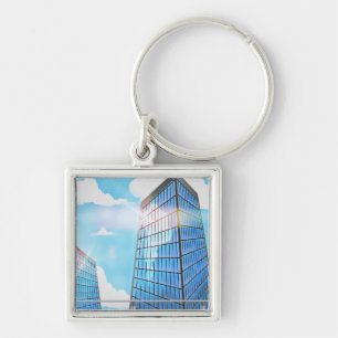 Två Skyscraper Fyrkantig Silverfärgad Nyckelring