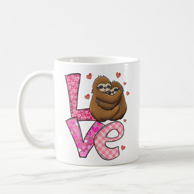 Två Sloths KÄRLEK Rosa Hearts Ro Alla hjärtans dag Kaffemugg (Vänster)