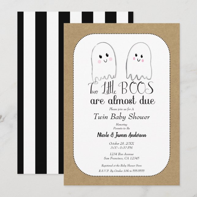 Två små BOOS Twin Spöken Halloween Baby Shower Inbjudningar (Fram/baksida)
