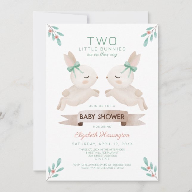 Två små Bunnies Bunny Twin Baby Shower Inbjudningar (Framsida)