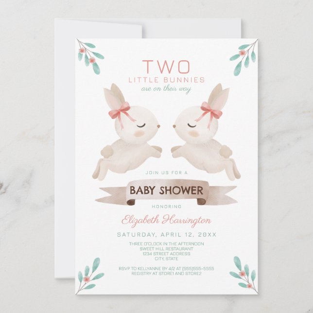 Två små Bunnies Bunny Twin Girls Baby Shower Inbjudningar (Framsida)