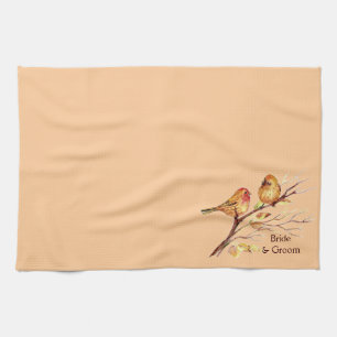 Två små fågelsparvar Peach Brown Rustic Nature Kökshandduk