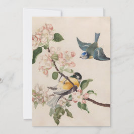 Två små fåglar nära en gren av äppelets blommar. julkort