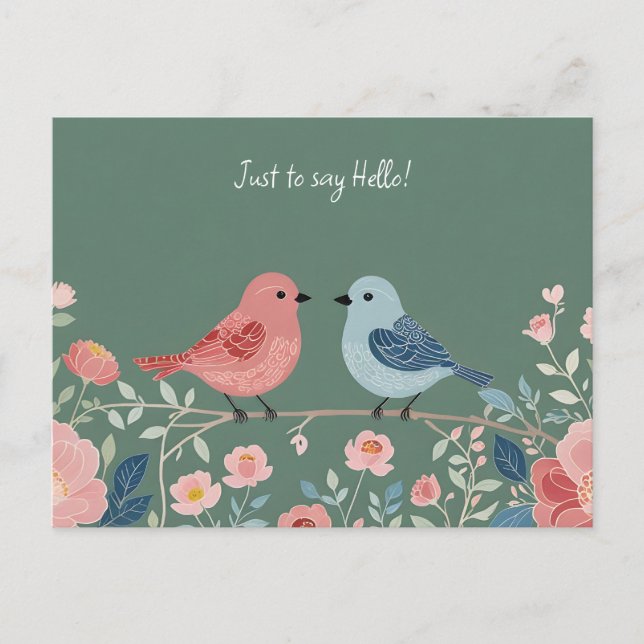 Två små fåglar och blommor vykort (Framsida)