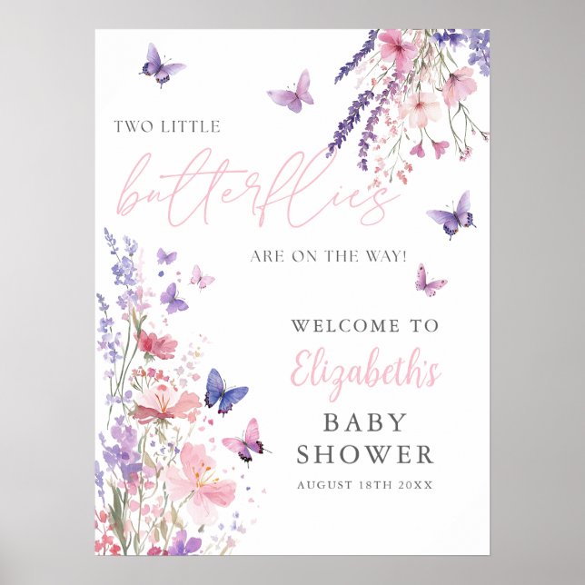 Två små fjärilar Baby Shower Välkomstskylt Poster (Framsidan)