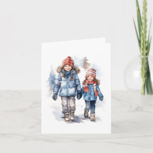 Två små flickor går i Snö. Tomt kort