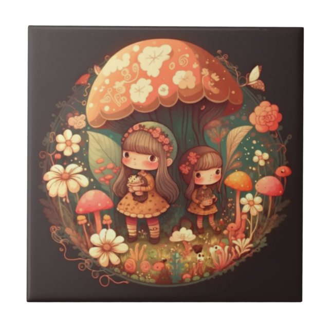 Två små flickor under svampens bruna decor kakelplatta (Framsidan)