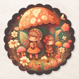 Två små flickor under svampens bruna decor underlägg papper