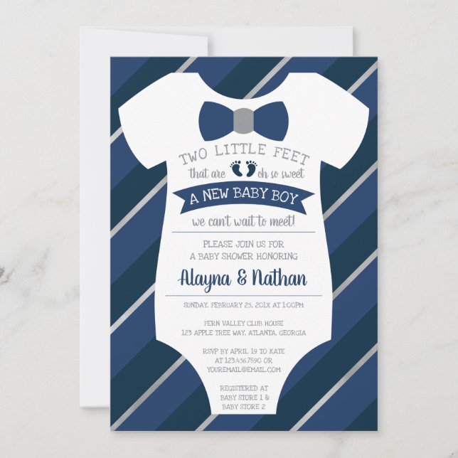 Två små fötter Baby Shower-inbjudan, slips Inbjudningar (Framsida)