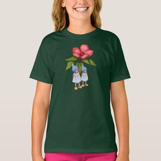Två små Gnome-flickor med stora Rosa Flowers Tee (Framsida)