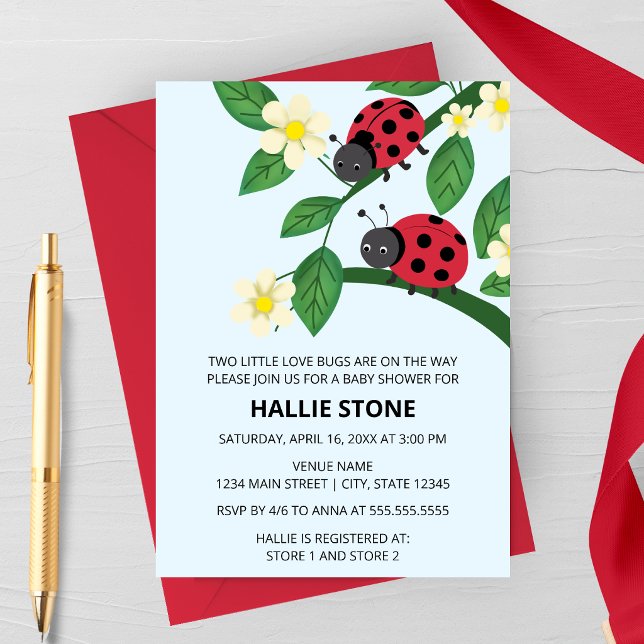 Två små kärleksnycklar Nyckelpigor Bebisbyte Inbjudningar (Two Little Love Bugs Ladybug Baby Shower Invite | Floral Garden Twin Shower Invitation)