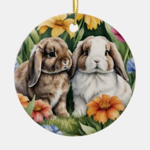 Två små Lop Bunny-kaniner Julgransprydnad Keramik