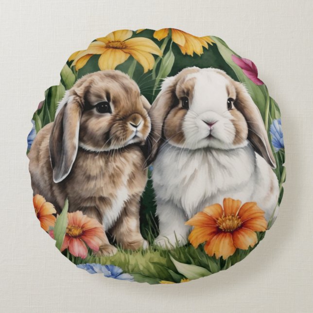 Två små Lop Bunny-kaniner Rund Kudde (Framsidan)