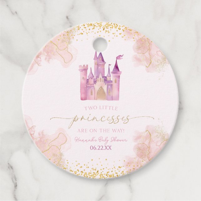 Två små princesses Castle Twillingars Baby Shower Gåvor Etiketter (Framsida)