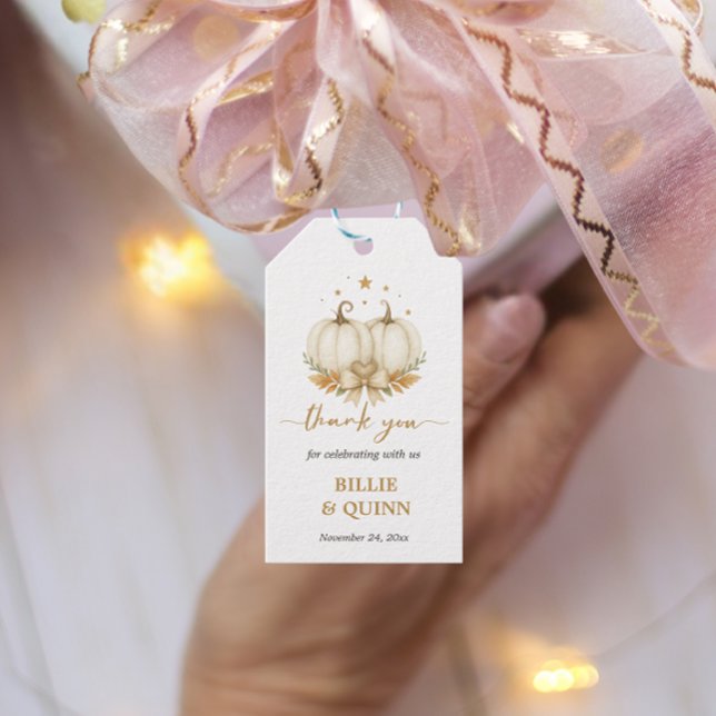 Två små pumpa-baby shower-tack-gåva presentetikett (Skapare uppladdad)