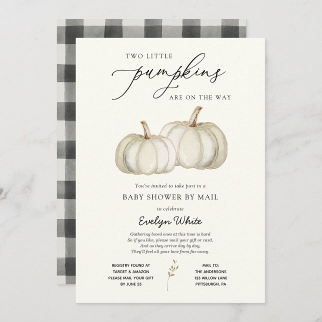 Två små pumpor Twin Baby Shower efter Mail Invit Inbjudningar (Fram/baksida)