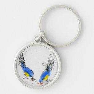 Två små titmouses som pickar korn. Calligraphy Rund Silverfärgad Nyckelring