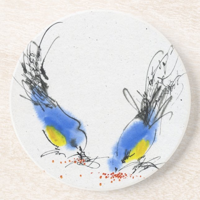 Två små titmouses som pickar korn. Calligraphy Underlägg Sandsten (Framsidan)
