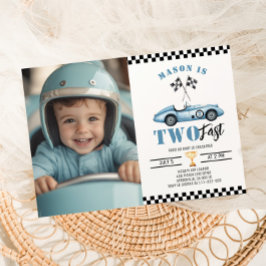 Två Snabb Blå Foto Racingbil Pojke 2-årsdag Inbjudningar