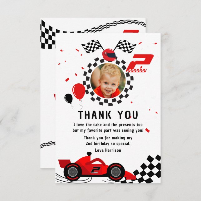 Två snabba 2-års födelsedagsbarn Söt röd tävlingsb Tack Kort (Fram/baksida)