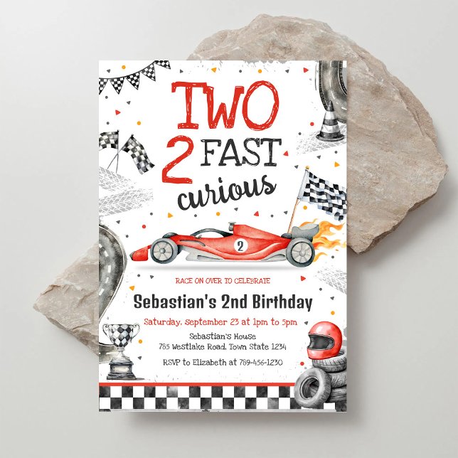 Två snabba 2 nyfikna racerbil pojke 2-årsdag inbjudningar (Skapare uppladdad)