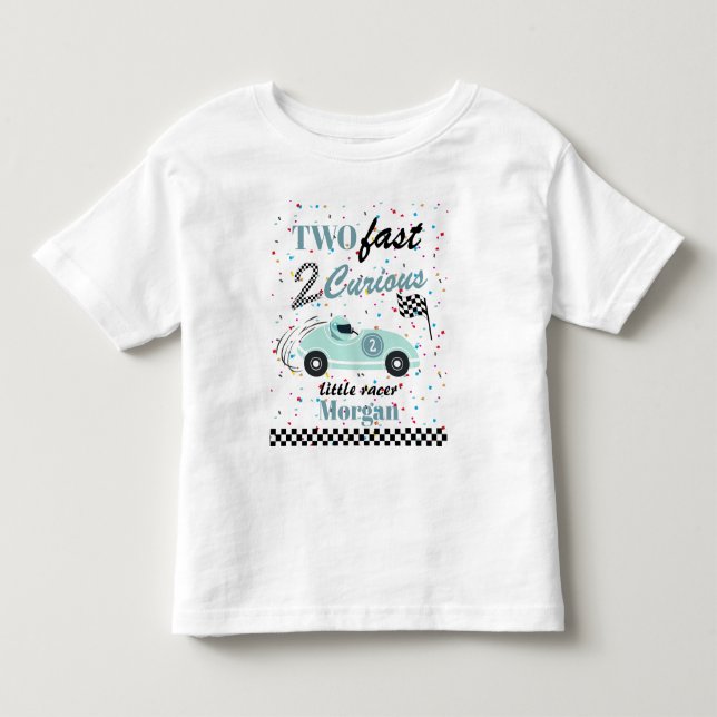 Två snabba 2Nyfiken Blå Sportbil Andra födelsedage T Shirt (Framsida)