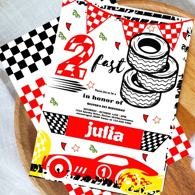 Två snabba andra födelsedag Party-röd Tävling-bil  Inbjudningar (Skapare uppladdad)