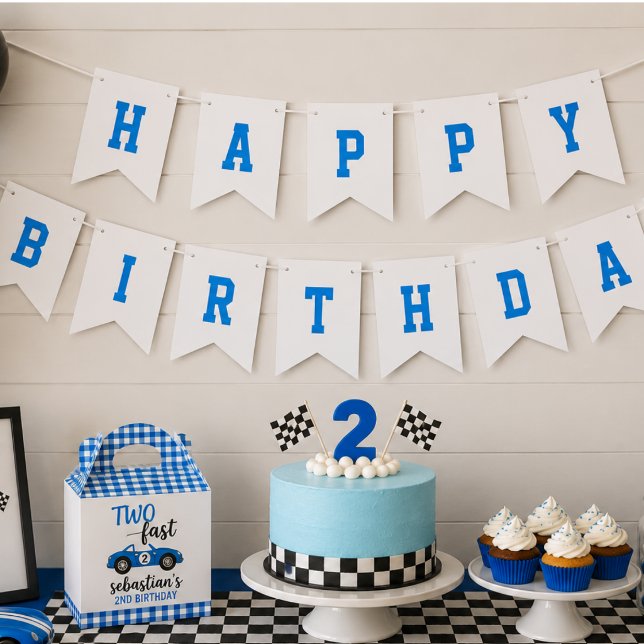Två snabba blå tävlingsbil 2-års födelsedagsfest vimplar (Two Fast Blue Race Car 2nd Birthday Party Bunting Flags)