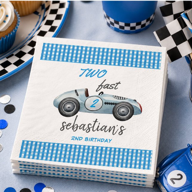 Två snabba blå tävlingsbil 2-års födelsedagsinbjud pappersservett (Two Fast Blue Race Car 2nd Birthday Invitation Napkins)