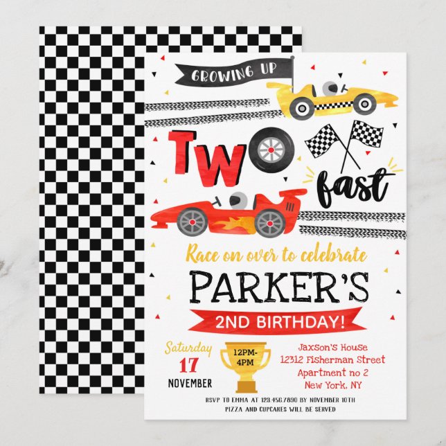 Två snabba födelsdagskalas Röda tävlingsbil 2:a fö Inbjudningar (Fram/baksida)