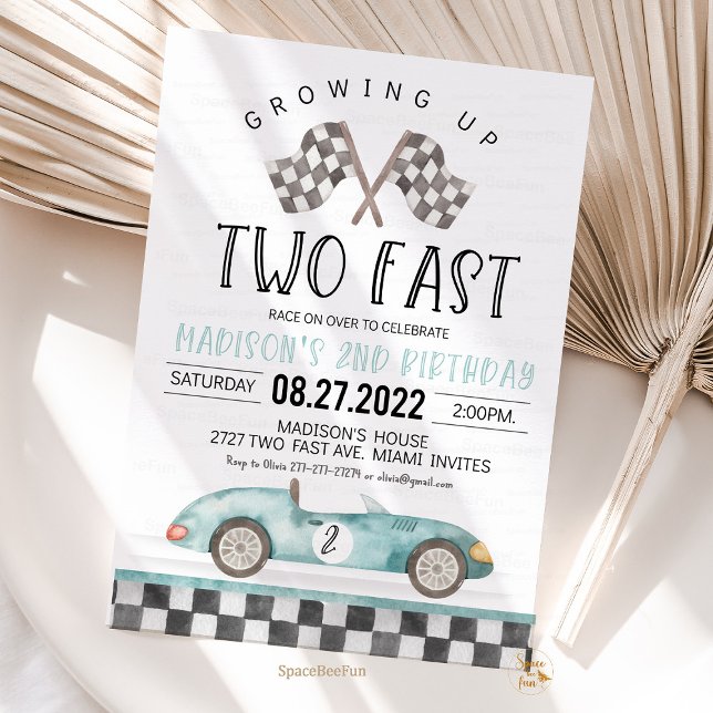Två snabba födelsedag inbjuden Party Car Inbjudan  (two fast 2nd,birthday invitation,,race car 2nd birthday invites,vintage race car invite,retro car bi)
