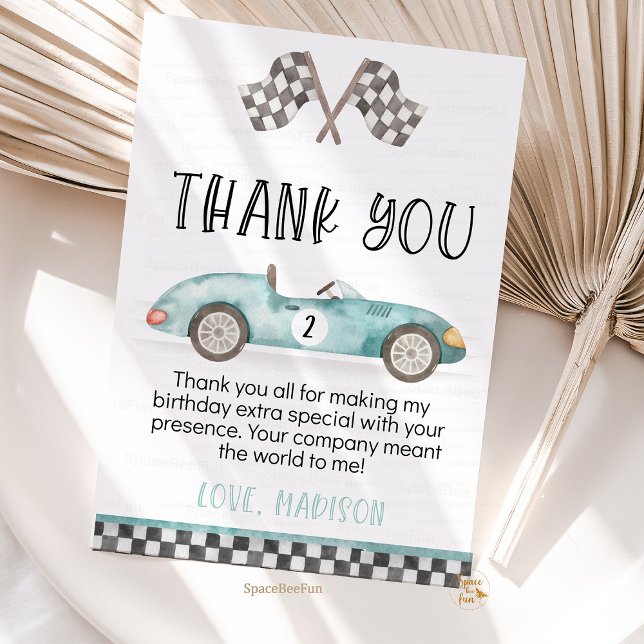 Två snabba Födelsedagsgratulationskort Racingbil Inbjudningar (two fast 2nd,thank you card,birthday invitation,race car 2nd birthday invites,vintage race car invit)