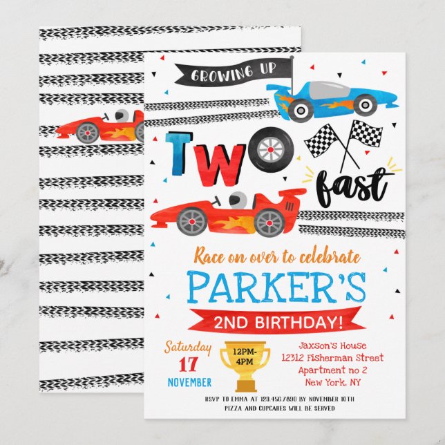 Två snabba födelsedagsinbjudningar för racingbil 2 inbjudningar (Fram/baksida)