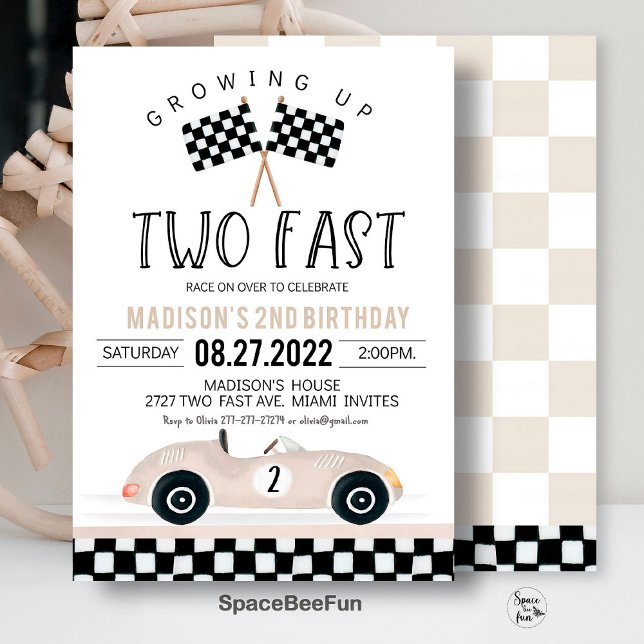Två snabba födelsemeddelanden - andra födelsedagen inbjudningar (TWO Fast Birthday Invitation,Race Car 2nd Birthday,Invite Racing Car Vintage,Racecar Beige boho gend)