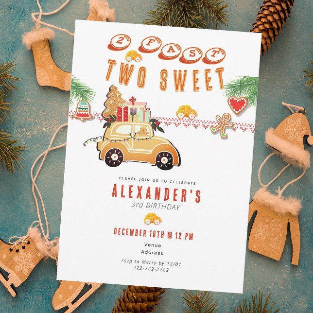 Två Snabba Jul Pepparkakor Bil 2-års Födelsedag Inbjudningar (Two Fast Two Sweet Christmas Gingerbread Car 2nd Birthday December Winter Invitation)
