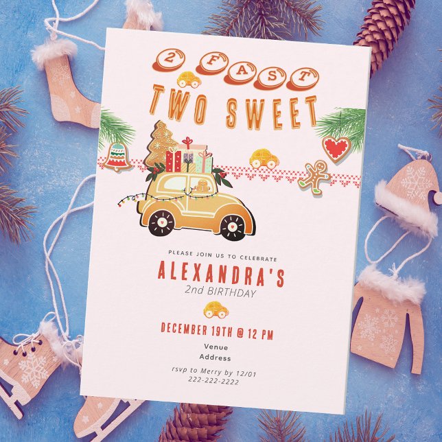 Två Snabba Julgodis Gingerbread Bil 2:a Födelsedag Inbjudningar (Two Fast Two Sweet Christmas Gingerbread Car Pink Girl 2nd Birthday December Winter Invitation)