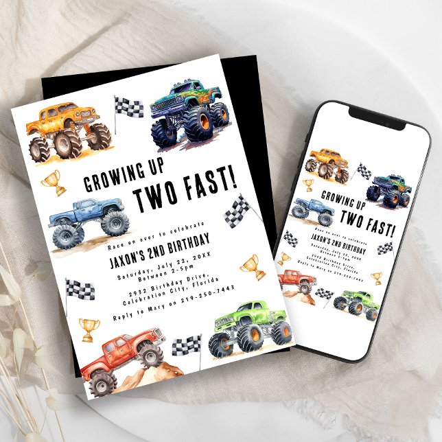 Två snabba monstertruckar 2-års födelsedagsfest inbjudningar (Skapare uppladdad)