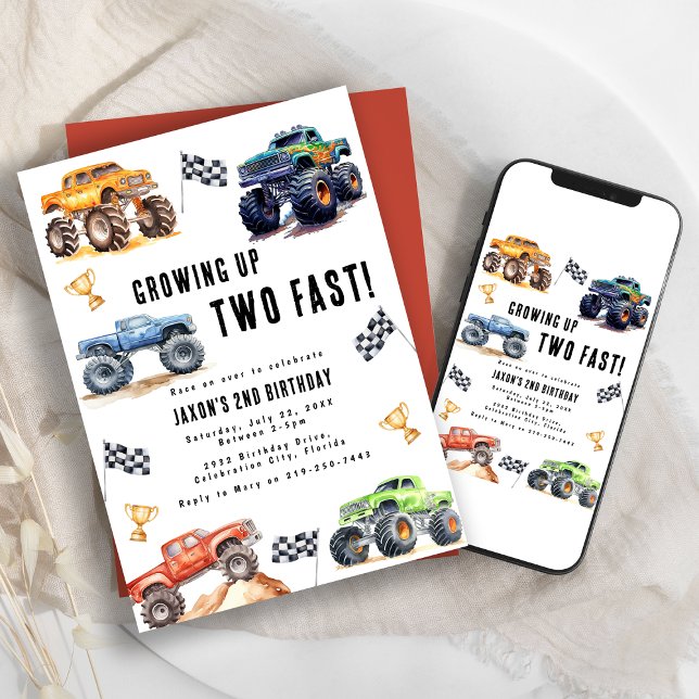 Två snabba monstertruckar 2-års födelsedagsfest inbjudningar (Skapare uppladdad)