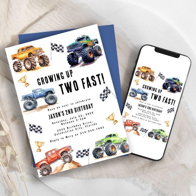 Två snabba monstertruckar 2-års födelsedagsfest inbjudningar (Skapare uppladdad)