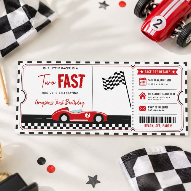 Två snabba racerbil pojke 2-års födelsedagsbiljett inbjudningar (Two Fast Race Car Boy 2nd Birthday Party Ticket Invitation
)