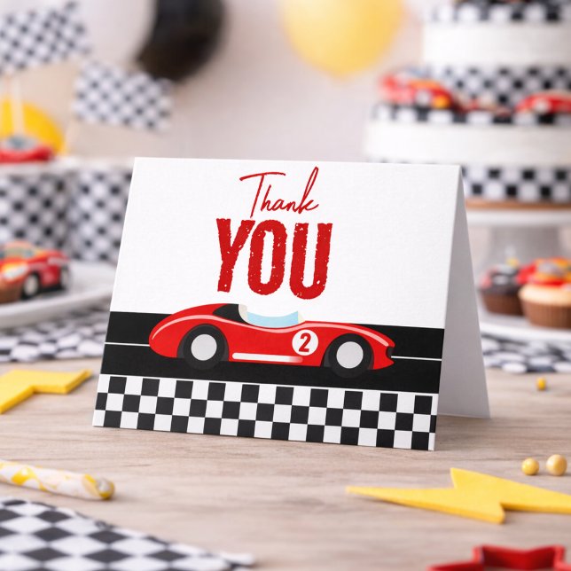 Två snabba racerbil pojke 2-års födelsedagsfest tack kort (Two Fast Race Car Boy 2nd Birthday Party Thank You Card
)