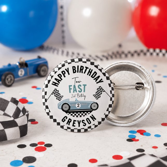 Två snabba racerbilspojke 2-års födelsedagsfest knapp (Two Fast Race Car Boy 2nd Birthday Party Button
)