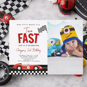 Två snabba racerbilspojke Foto 2-års födelsedagsfe Inbjudningar