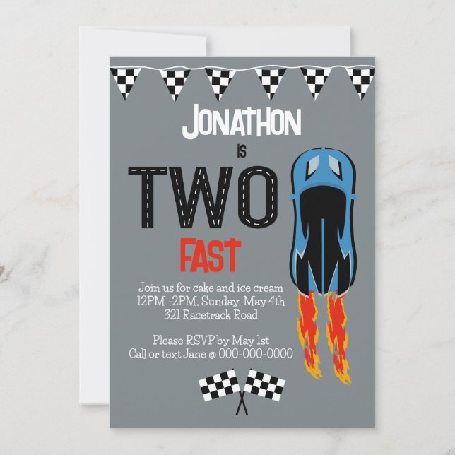 Två snabba racerkulor tema 2:a födelsedag party inbjudningar (Framsida)