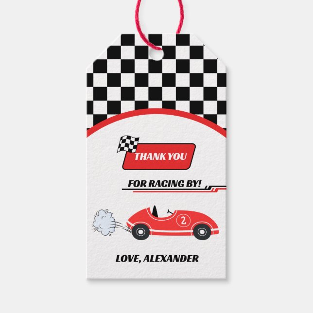 Två snabba röda bilnöjespojkens födelsedag i tävli presentetikett (Framsidan)