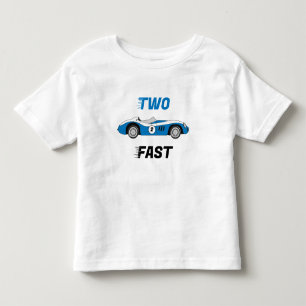 Två snabba vintageblå tävlingsbilpojke 2-års födel t shirt