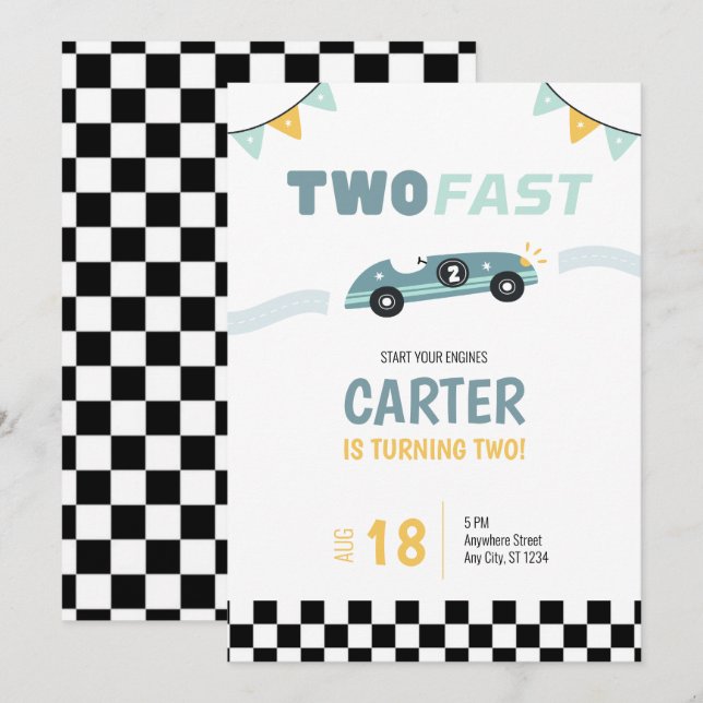 Två snabbbilsinbjudningar i Tävling 2:a födelsedag Inbjudningar (Fram/baksida)